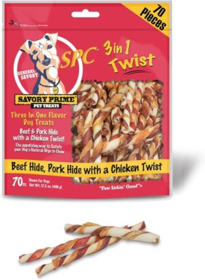 Savory Prime 3-in-1 Chicken, Beef and Pork Rawhide Twist Chews for Dogs, 70 Count