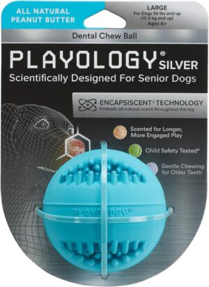 Playology Silver Dental Chew Ball Peanut Butter Scented Senior Dog Toy Large