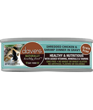 Dave's Pet Food Shredded Chicken And Shrimp Dinner In Gravy, Canned Cat Food, 2.8oz Cans