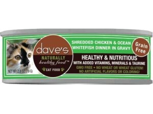 Dave's Pet Food Shredded Chicken And Ocean Whitefish Dinner In Gravy, Canned Cat Food, 2.8oz